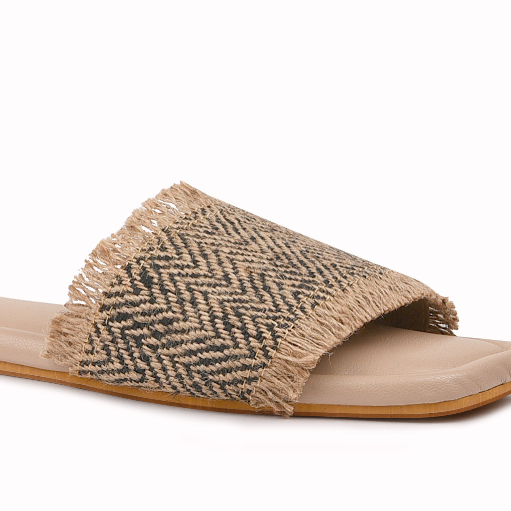 Noosh black color premium vegan textile handcrafted women fashion casual and formal jute chevron slides slippers sandals with soft cushion dual layer kooshcomfort insole and flexible rubber sole footwear. Comfortable, breathable, sustainable and eco-friendly