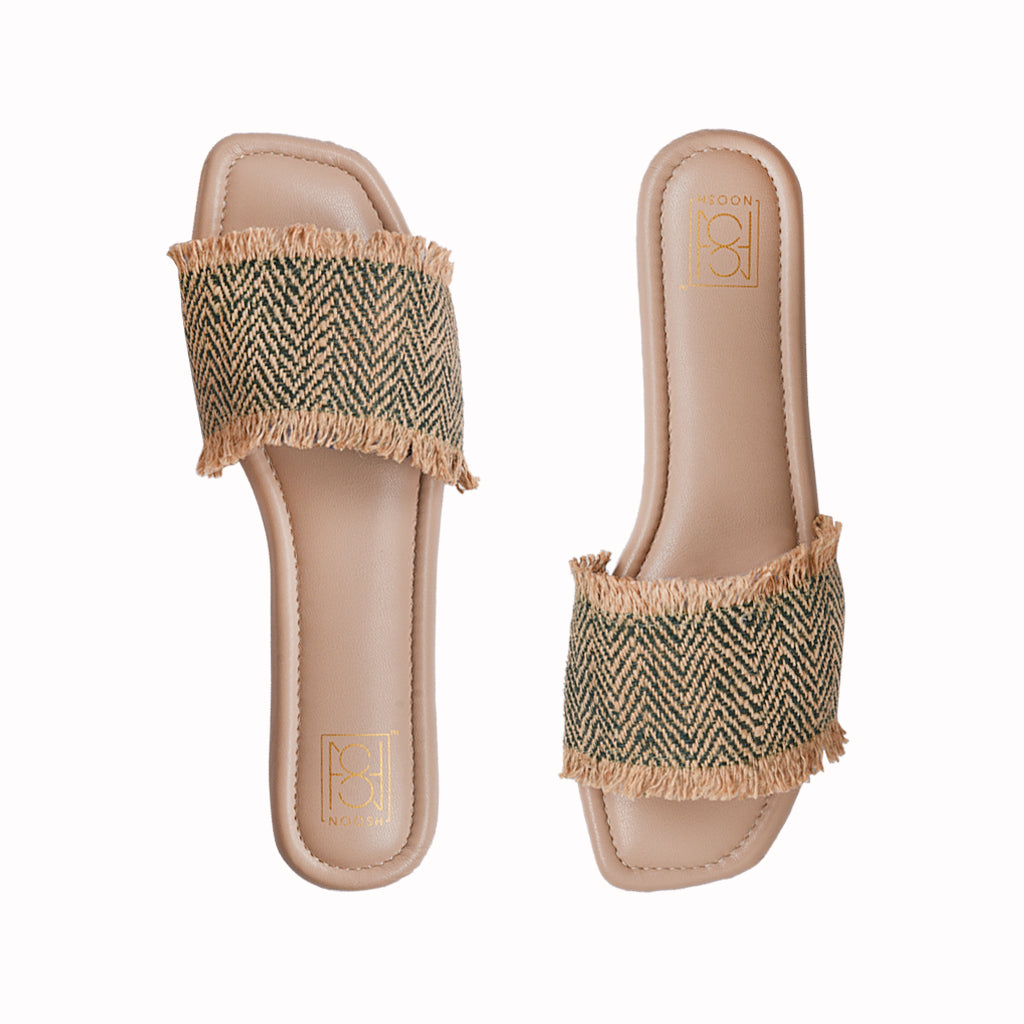 Noosh green color premium vegan textile handcrafted women fashion casual and formal jute chevron slides slippers sandals with soft cushion dual layer kooshcomfort insole and flexible rubber sole footwear. Comfortable, breathable, sustainable and eco-friendly