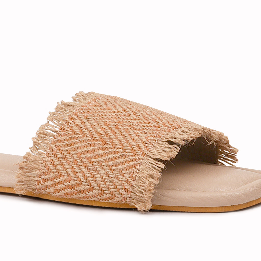 Noosh orange color premium vegan textile handcrafted women fashion casual and formal jute chevron slides slippers sandals with soft cushion dual layer kooshcomfort insole and flexible rubber sole footwear. Comfortable, breathable, sustainable and eco-friendly