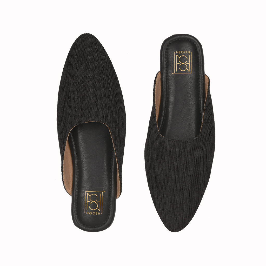 noosh black color cords vegan handcrafted women casual and formal  slip on mule with soft cushion dual layer kooshcomfort insole and flexible rubber sole. Comfortable, sustainable and eco friendly
