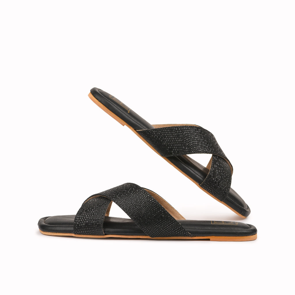Noosh dew collection black color premium vegan leather handcrafted women fashion casual and formal  criss cross slippers sandals with soft cushion dual layer kooshcomfort insole and flexible rubber sole footwear. Comfortable, breathable, sustainable and eco-friendly