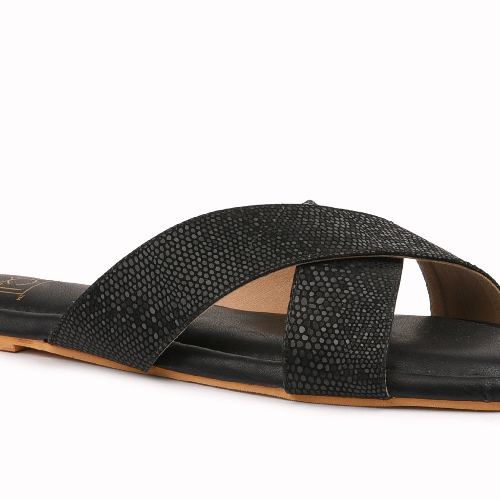 Noosh dew collection black color premium vegan leather handcrafted women fashion casual and formal  criss cross slippers sandals with soft cushion dual layer kooshcomfort insole and flexible rubber sole footwear. Comfortable, breathable, sustainable and eco-friendly