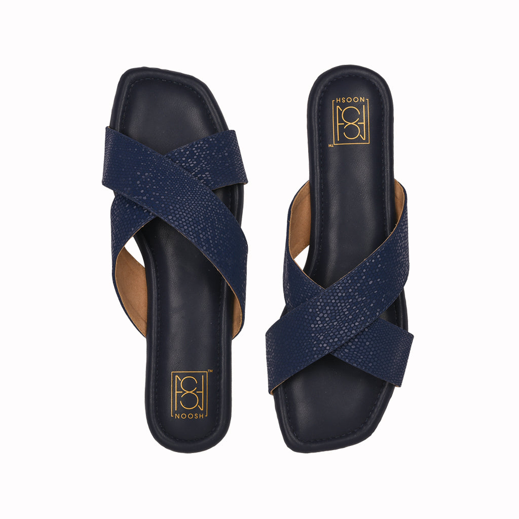 Noosh dew collection blue color premium vegan leather handcrafted women fashion casual and formal  criss cross slippers sandals with soft cushion dual layer kooshcomfort insole and flexible rubber sole footwear. Comfortable, breathable, sustainable and eco-friendly