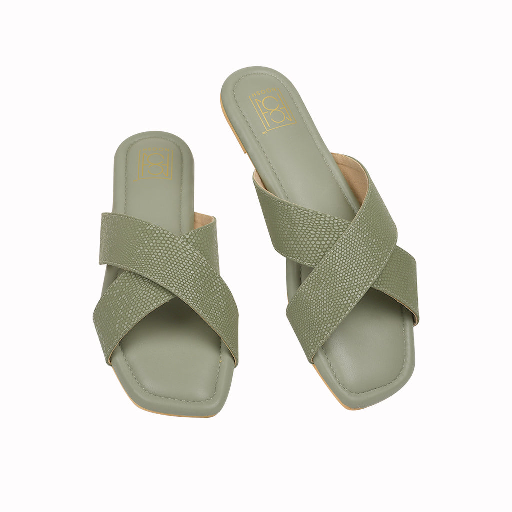 Noosh dew collection green color premium vegan leather handcrafted women fashion casual and formal  criss cross slippers sandals with soft cushion dual layer kooshcomfort insole and flexible rubber sole footwear. Comfortable, breathable, sustainable and eco-friendly