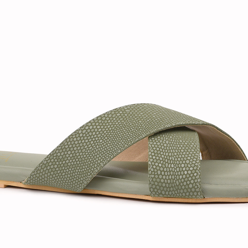 Noosh dew collection green color premium vegan leather handcrafted women fashion casual and formal  criss cross slippers sandals with soft cushion dual layer kooshcomfort insole and flexible rubber sole footwear. Comfortable, breathable, sustainable and eco-friendly