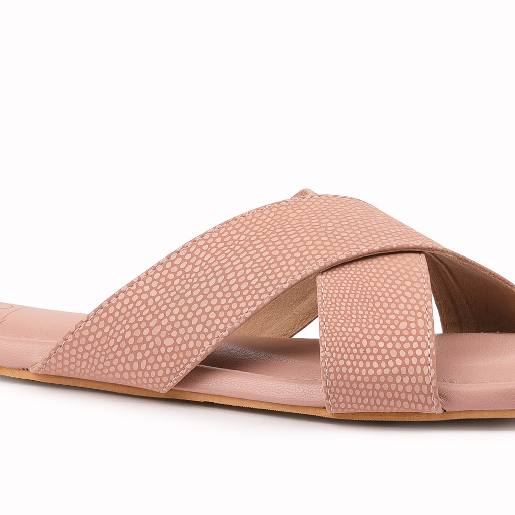 Noosh dew collection pink color premium vegan leather handcrafted women fashion casual and formal  criss cross slippers sandals with soft cushion dual layer kooshcomfort insole and flexible rubber sole footwear. Comfortable, breathable, sustainable and eco-friendly