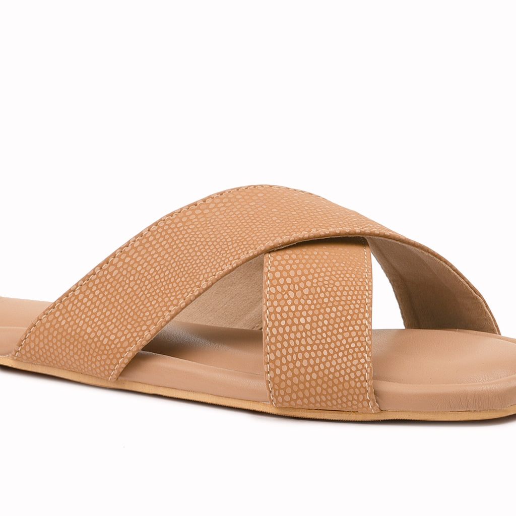Noosh dew collection tan color premium vegan leather handcrafted women fashion casual and formal  criss cross slippers sandals with soft cushion dual layer kooshcomfort insole and flexible rubber sole footwear. Comfortable, breathable, sustainable and eco-friendly