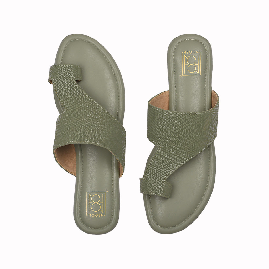 Noosh green color premium vegan leather handcrafted women fashion casual and formal dew toe ring  slippers sandals with soft cushion dual layer kooshcomfort insole and flexible rubber sole footwear. Comfortable, breathable, sustainable and eco-friendly