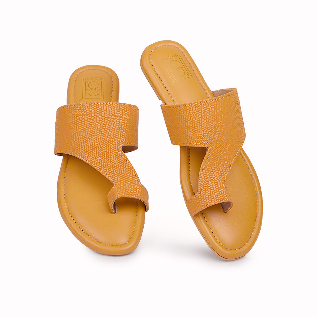 Noosh mustard color premium vegan leather handcrafted women fashion casual and formal dew toe ring  slippers sandals with soft cushion dual layer kooshcomfort insole and flexible rubber sole footwear. Comfortable, breathable, sustainable and eco-friendly