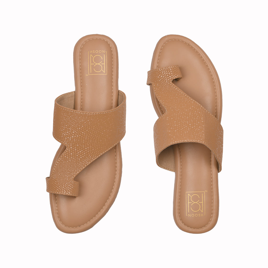 Noosh tan color premium vegan leather handcrafted women fashion casual and formal dew toe ring  slippers sandals with soft cushion dual layer kooshcomfort insole and flexible rubber sole footwear. Comfortable, breathable, sustainable and eco-friendly