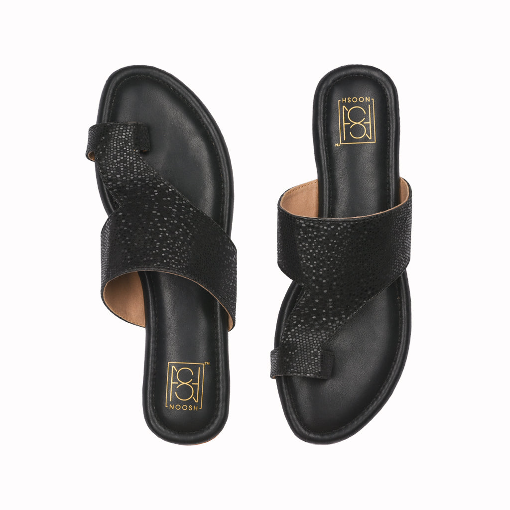 Noosh black color premium vegan leather handcrafted women fashion casual and formal dew toe ring  slippers sandals with soft cushion dual layer kooshcomfort insole and flexible rubber sole footwear. Comfortable, breathable, sustainable and eco-friendly
