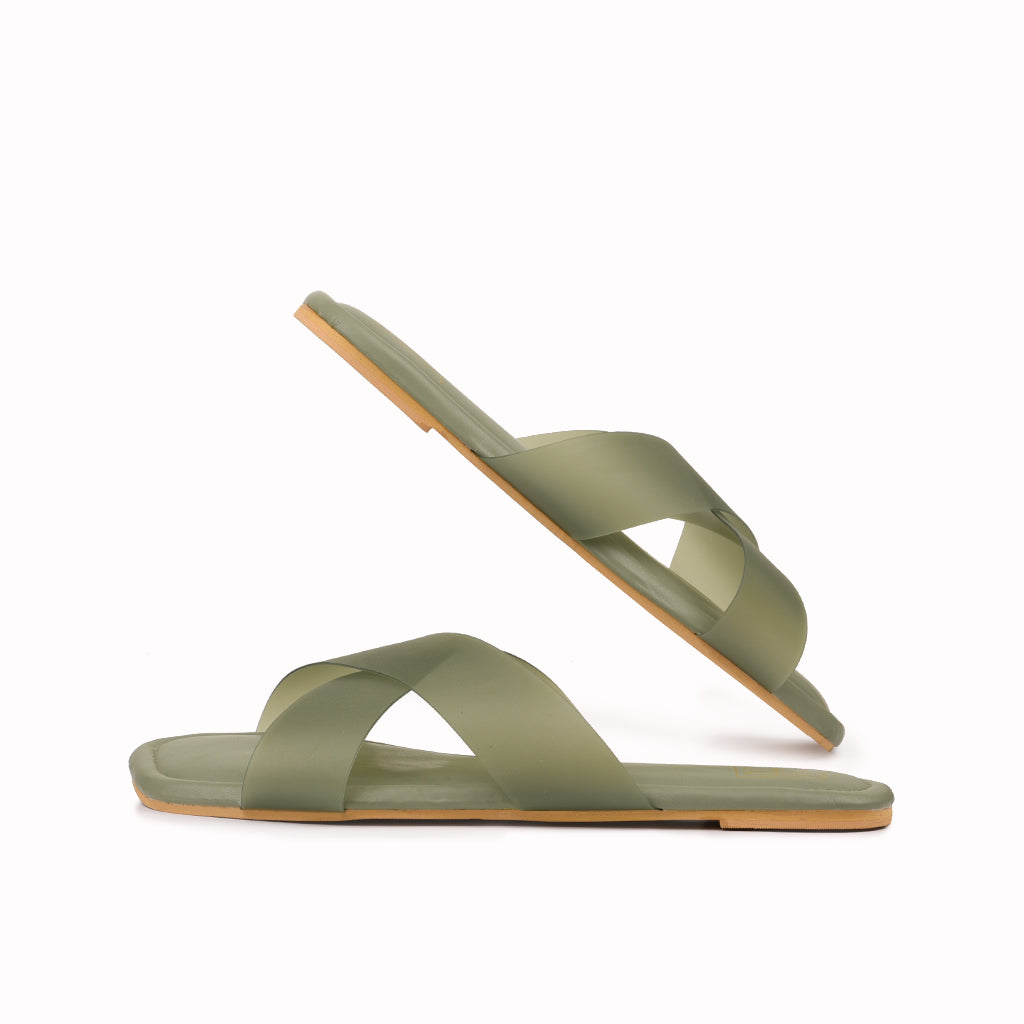Noosh green color premium vegan soft TPU handcrafted women fashion casual and formal frost criss cross slippers sandals with soft cushion dual layer kooshcomfort insole and flexible rubber sole footwear. Comfortable, breathable, sustainable and eco-friendly