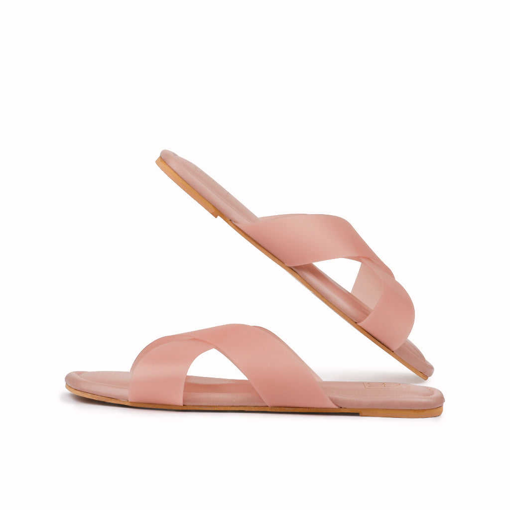 Noosh pink color premium vegan soft TPU handcrafted women fashion casual and formal frost criss cross slippers sandals with soft cushion dual layer kooshcomfort insole and flexible rubber sole footwear. Comfortable, breathable, sustainable and eco-friendly