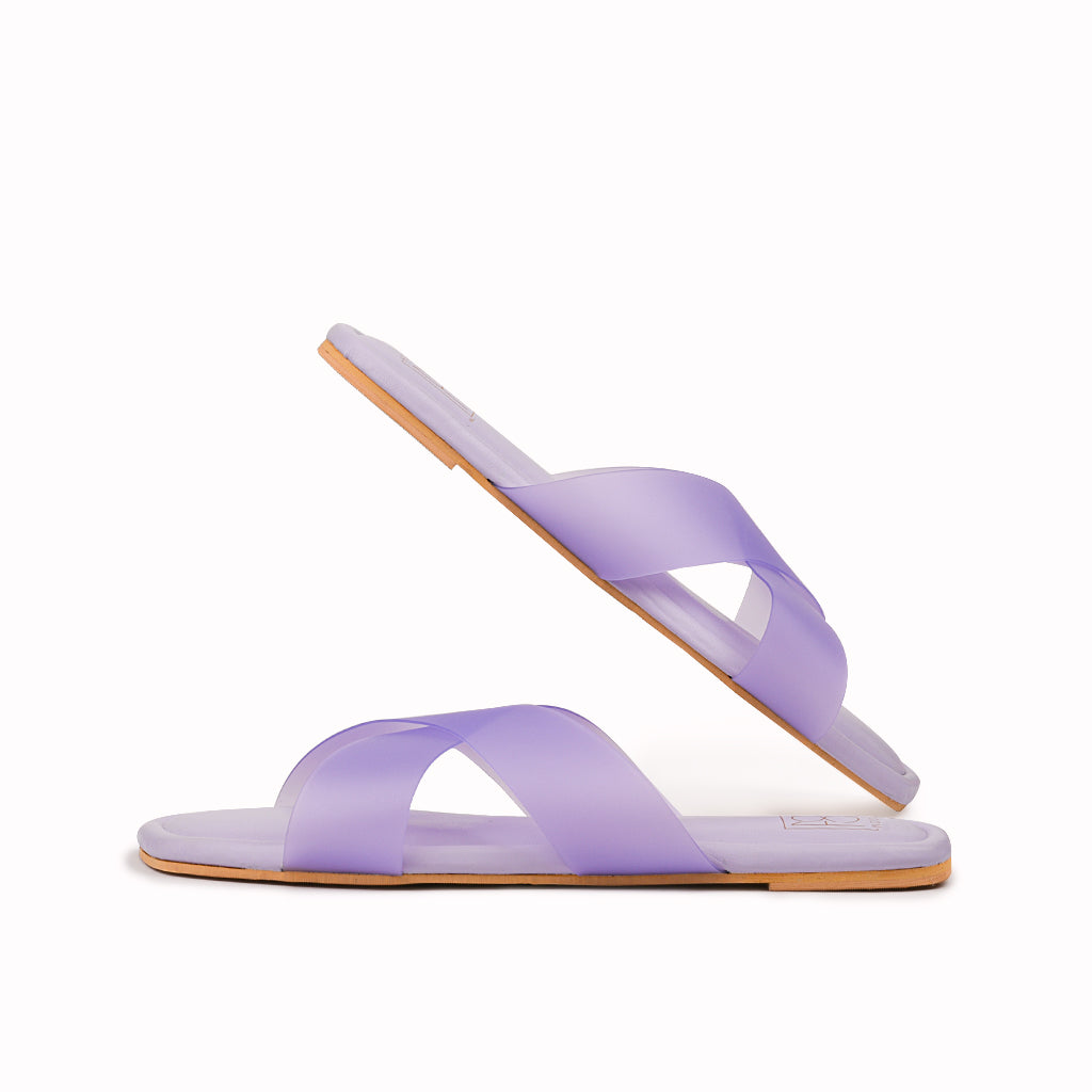 Noosh purple color premium vegan soft TPU handcrafted women fashion casual and formal frost criss cross slippers sandals with soft cushion dual layer kooshcomfort insole and flexible rubber sole footwear. Comfortable, breathable, sustainable and eco-friendly