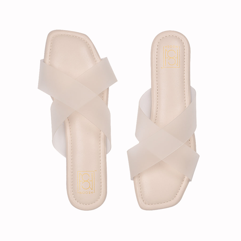 Noosh white color premium vegan soft TPU handcrafted women fashion casual and formal frost criss cross slippers sandals with soft cushion dual layer kooshcomfort insole and flexible rubber sole footwear. Comfortable, breathable, sustainable and eco-friendly