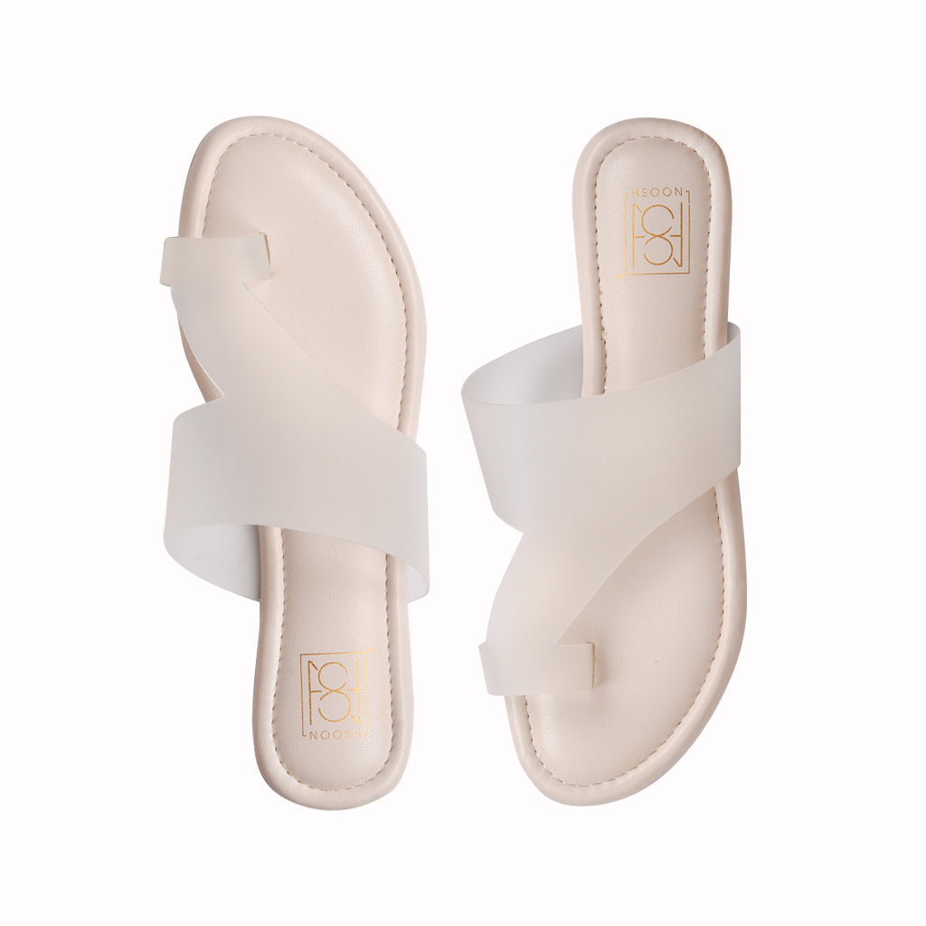 Noosh white color premium vegan soft TPU handcrafted women fashion casual and formal frost toe ring slippers sandals with soft cushion dual layer kooshcomfort insole and flexible rubber sole footwear. Comfortable, breathable, sustainable and eco-friendly