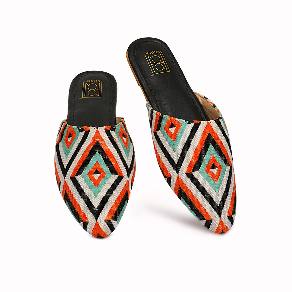 Noosh orange balack color premium vegan textile handcrafted women fashion casual and formal boho blast pointed slip on mules slippers sandals with soft cushion dual layer kooshcomfort insole and flexible rubber sole footwear. Comfortable, breathable, sustainable and eco-friendly