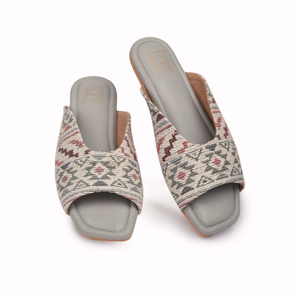 Noosh grey white color premium vegan textile handcrafted women fashion casual and formal boho peep toe slippers sandals with soft cushion dual layer kooshcomfort insole and flexible rubber sole footwear. Comfortable, breathable, sustainable and eco-friendly
