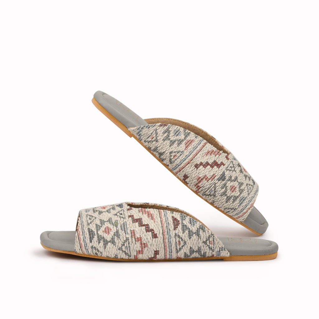 Noosh grey white color premium vegan textile handcrafted women fashion casual and formal boho peep toe slippers sandals with soft cushion dual layer kooshcomfort insole and flexible rubber sole footwear. Comfortable, breathable, sustainable and eco-friendly