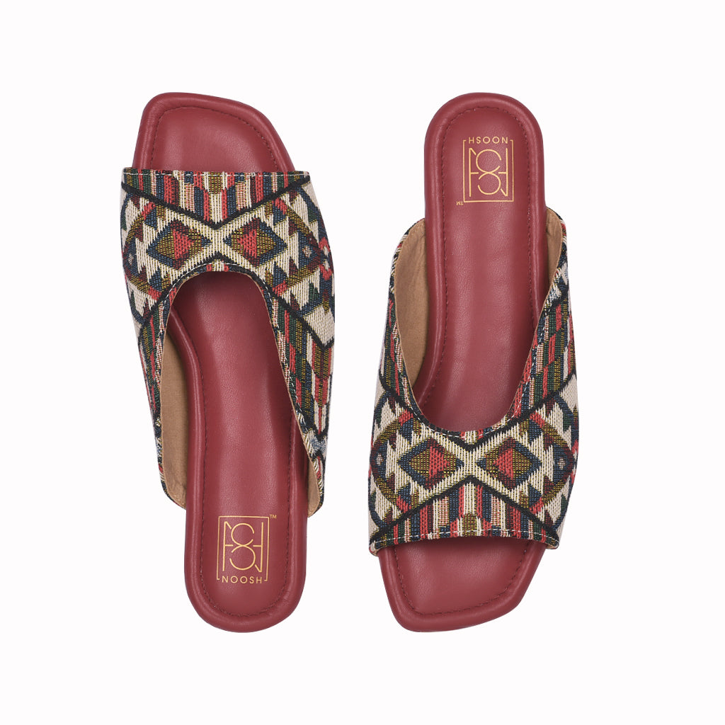 Noosh maroon color premium vegan textile handcrafted women fashion casual and formal boho peep toe  slippers slip on sandals with soft cushion dual layer kooshcomfort insole and flexible rubber sole footwear. Comfortable, breathable, sustainable and eco-friendly