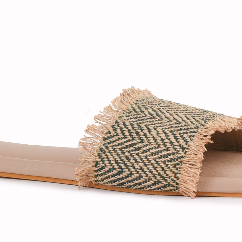 Noosh green color premium vegan textile handcrafted women fashion casual and formal jute chevron slides slippers sandals with soft cushion dual layer kooshcomfort insole and flexible rubber sole footwear. Comfortable, breathable, sustainable and eco-friendly