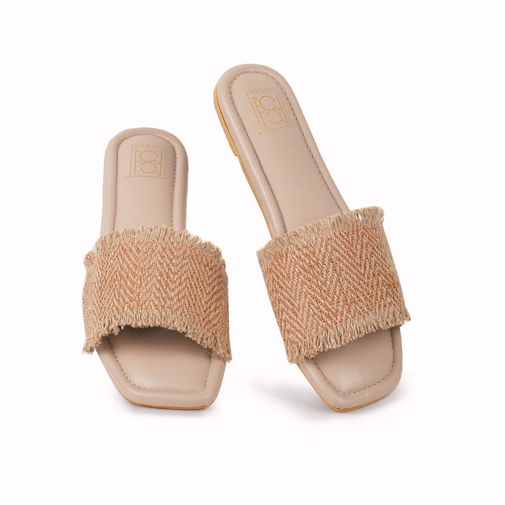 Noosh orange color premium vegan textile handcrafted women fashion casual and formal jute chevron slides slippers sandals with soft cushion dual layer kooshcomfort insole and flexible rubber sole footwear. Comfortable, breathable, sustainable and eco-friendly