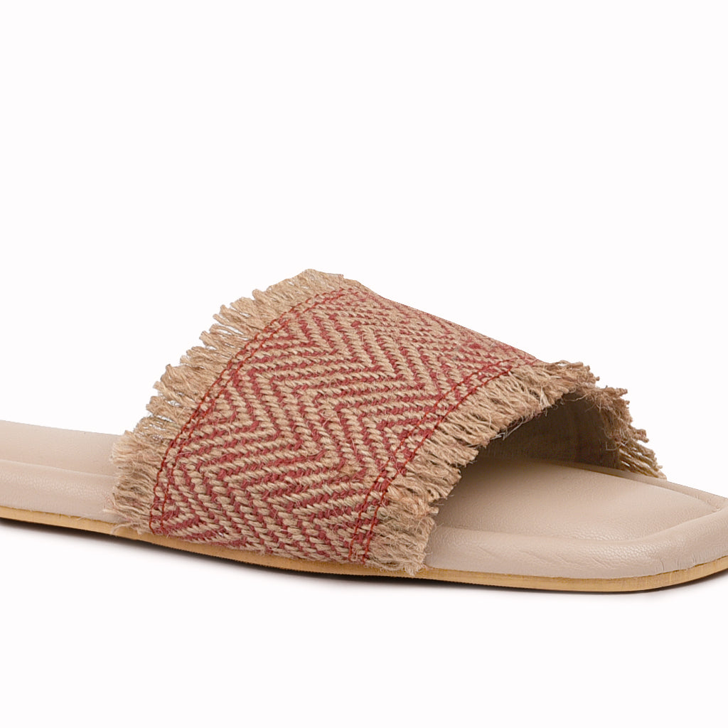 Noosh red color premium vegan textile handcrafted women fashion casual and formal jute chevron slides slippers sandals with soft cushion dual layer kooshcomfort insole and flexible rubber sole footwear. Comfortable, breathable, sustainable and eco-friendly