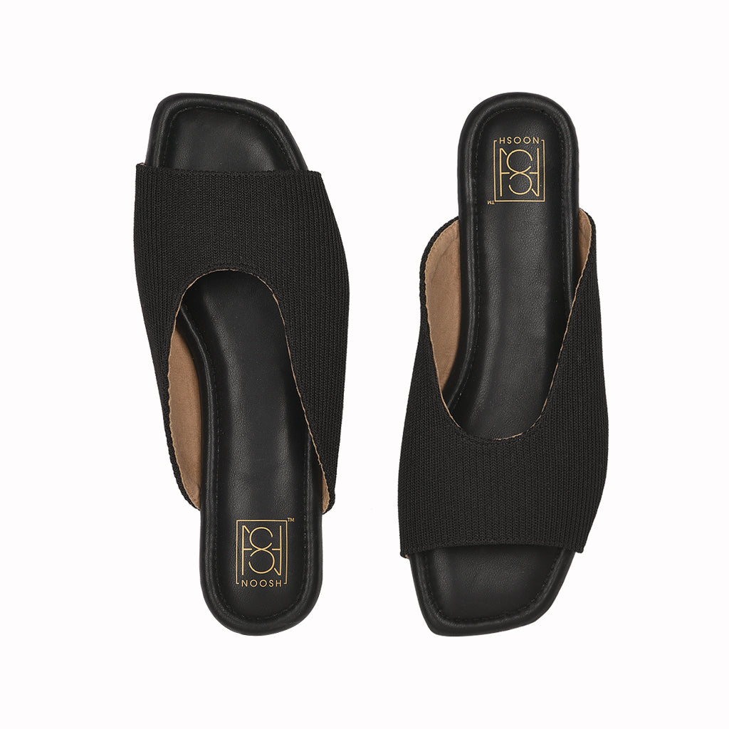 noosh black color cords premium vegan textile handcrafted women fashion casual and formal peep toe slippers sandals with soft cushion dual layer kooshcomfort insole and flexible rubber sole footwear. Comfortable, breathable, sustainable and eco-friendly