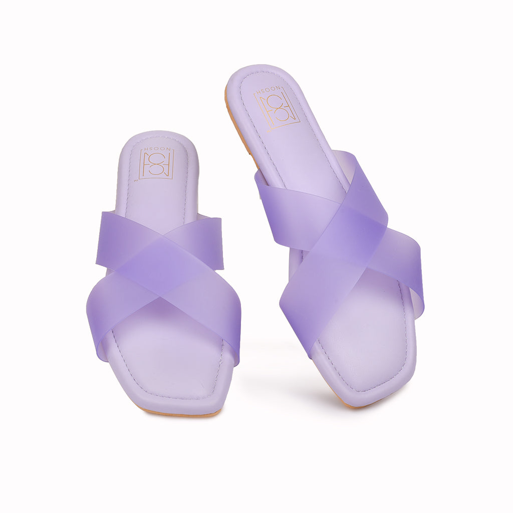 Noosh purple color premium vegan soft TPU handcrafted women fashion casual and formal frost criss cross slippers sandals with soft cushion dual layer kooshcomfort insole and flexible rubber sole footwear. Comfortable, breathable, sustainable and eco-friendly